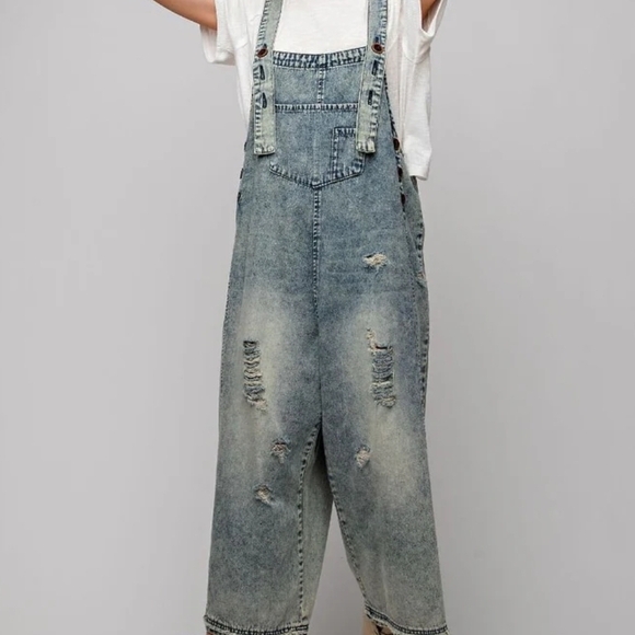 easel Pants - easel Light Blue Acid-Wash Denim Overalls
